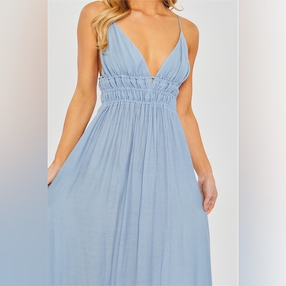 SKY BLUE SKINNY SPAGHETTI STRAP WOVEN SOLID FLOWY RUFFLE MAXI DRESS - Picture 4 of 5
